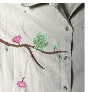 Vintage 90s Frog Embroidered Blouse Cottagecore Boho Whimsical Novelty Small 4/6